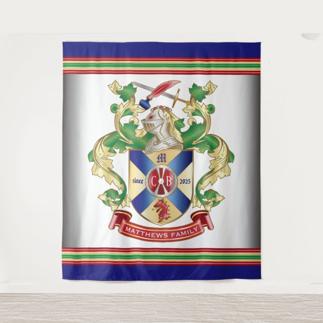 Family Crest Knight Shield Dragon Sword Monogram Tapestry (Front)