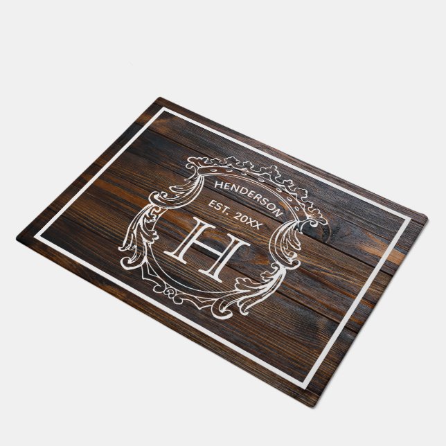Family Crest Monogram Dark Wood Graphic Door Mat (Angled)
