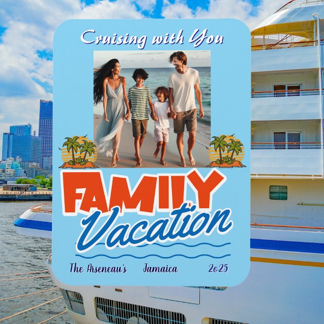  Family Cruise Blue Tropical Personalise Magnet (Add current Year  and text to make this your own cabin door maker.)