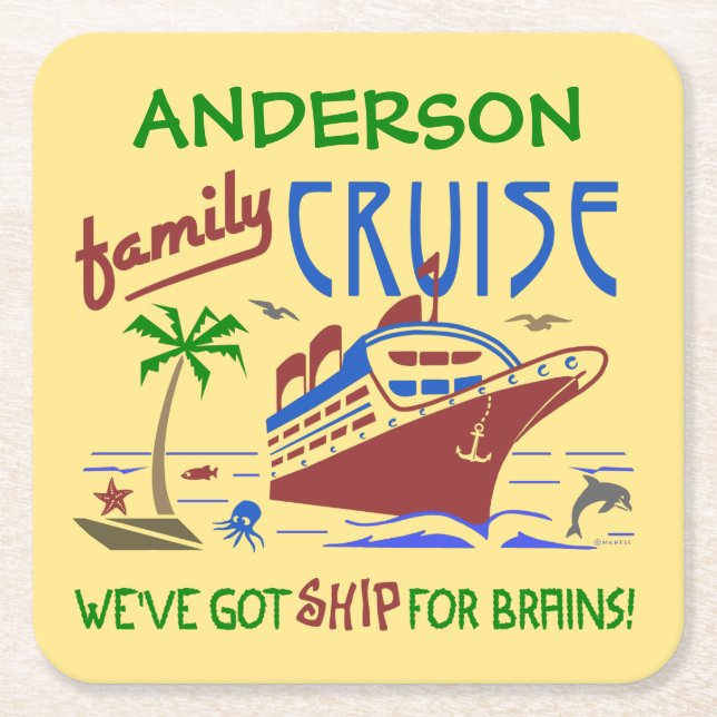 Family Cruise Vacation Funny Ship | Custom Name Square Paper Coaster (Front)