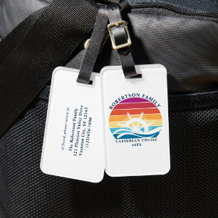 Family Cruise Vacation Ship Wheel Retro Sunset Luggage Tag