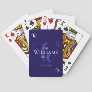 Family Curly Blue Script Monogram Playing Cards