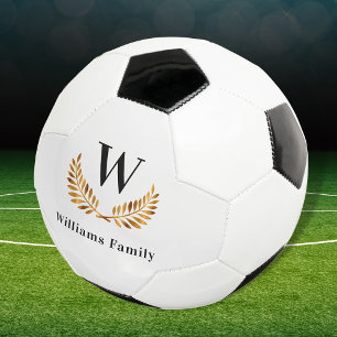Family custom monogram name gold black soccer ball