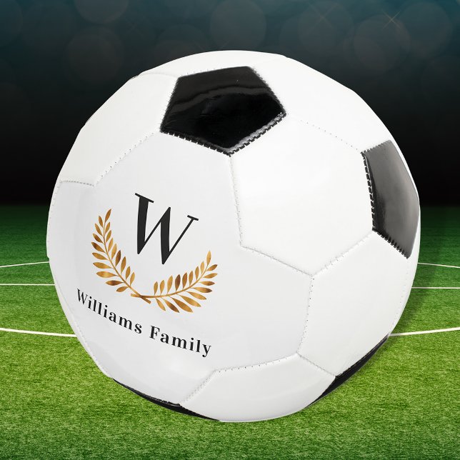 Family custom monogram name gold black soccer ball (Creator Uploaded)