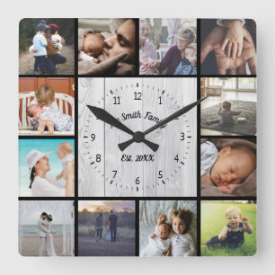 Family custom photo collage personalise light wood square wall clock