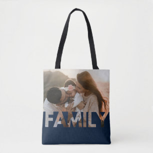 Family Custom Photo Dark Blue Tote Bag