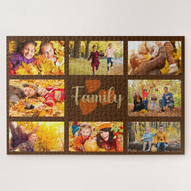 Family Custom Photo Fall Autumn Brown Gold Hearts Jigsaw Puzzle (Horizontal)