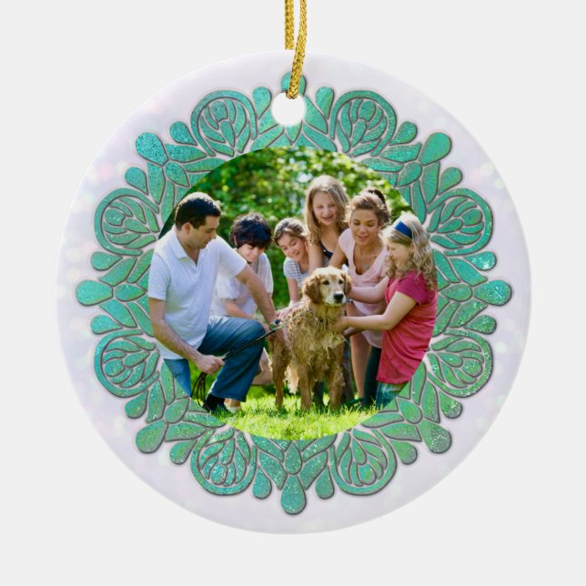 Family Custom Photo with Elegant Turquoise Mandala Ceramic Tree Decoration (Front)