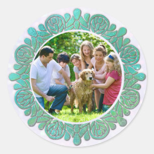 Family Custom Photo with Elegant Turquoise Mandala Classic Round Sticker