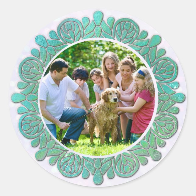 Family Custom Photo with Elegant Turquoise Mandala Classic Round Sticker (Front)