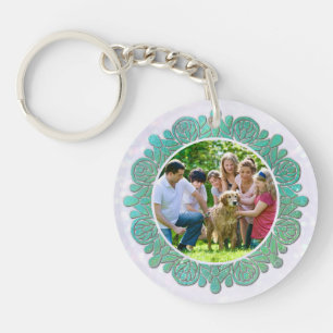 Family Custom Photo with Elegant Turquoise Mandala Key Ring