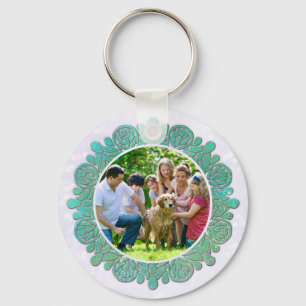Family Custom Photo with Elegant Turquoise Mandala Key Ring