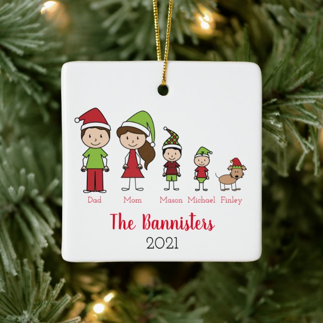Family Cute Christmas Character With Pet Ceramic Ornament (Tree)