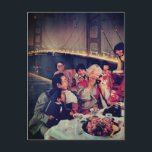 Family Dining at the Bridge Postcard<br><div class="desc">A vintage family dining at the bridge at night collage art</div>