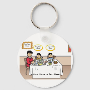 Family Dinner, Single Dad, 2 Boys Cartoon Key Ring