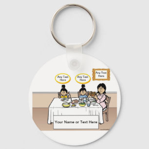 Family Dinner, Single Mum, 2 Girls Cartoon Key Ring