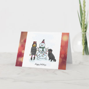 Family & Dog Building Snowman Personalised Card
