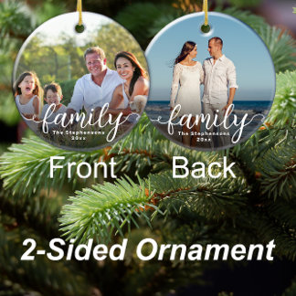 Family Elegant Script Overlay Double Sided Photo Ceramic Tree Decoration