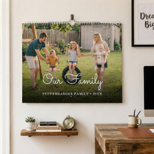 Family Elegant White Script Family Photo Collage Calendar