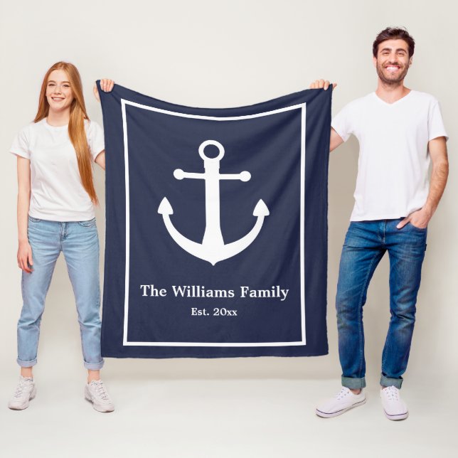 Family Est.Midnight Blue and White Nautical Anchor Fleece Blanket (In Situ)