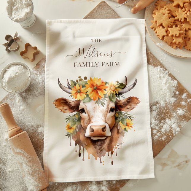 Family Farm Rustic Floral Cow Horns Tea Towel (Creator Uploaded)