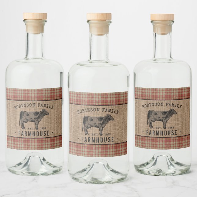 Family Farmhouse Cow Red Plaid Burlap Labels (Bottles)
