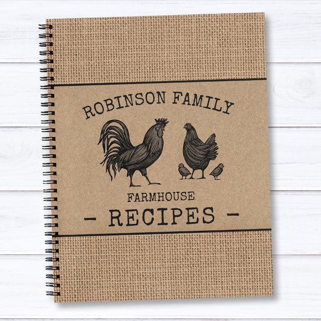 Family Farmhouse Rooster Hen Burlap Kraft Recipe Notebook (Several sizes and inside page designs to choose from)