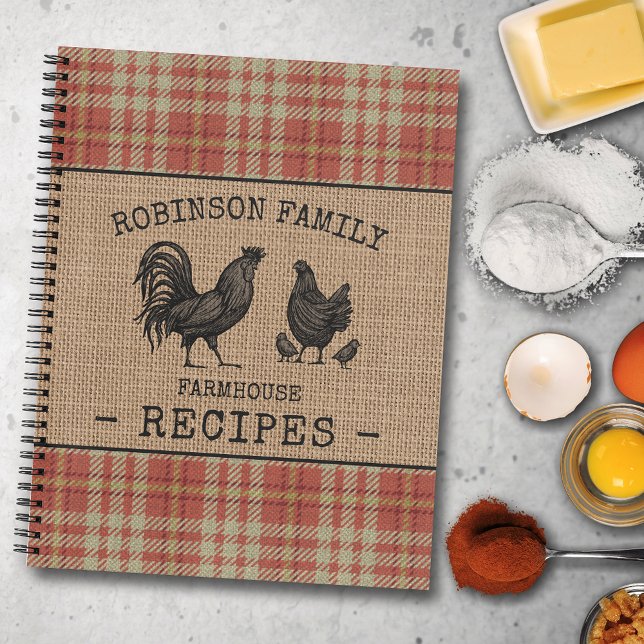 Family Farmhouse Rooster Hen Red Plaid Recipe Notebook (Several sizes and inside page designs to choose from)
