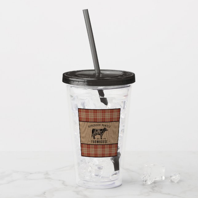 Family Farmhouse Rustic Cow Red Plaid Burlap Acrylic Tumbler (Front Ice)