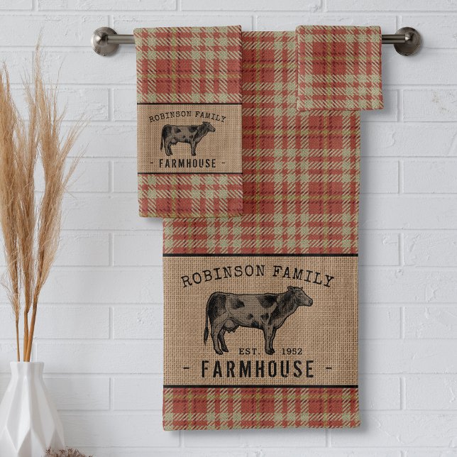 Family Farmhouse Rustic Cow Red Plaid Burlap Bath Towel Set (Creator Uploaded)