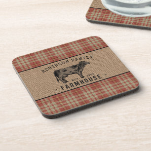 Family Farmhouse Rustic Cow Red Plaid Burlap Coaster