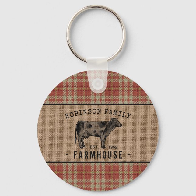 Family Farmhouse Rustic Cow Red Plaid Burlap Round Key Ring (Front)