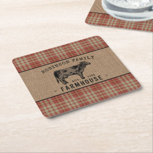 Family Farmhouse Rustic Cow Red Plaid Burlap Square Paper Coaster