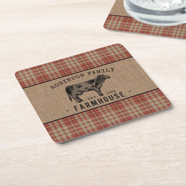 Family Farmhouse Rustic Cow Red Plaid Burlap Square Paper Coaster (Angled)