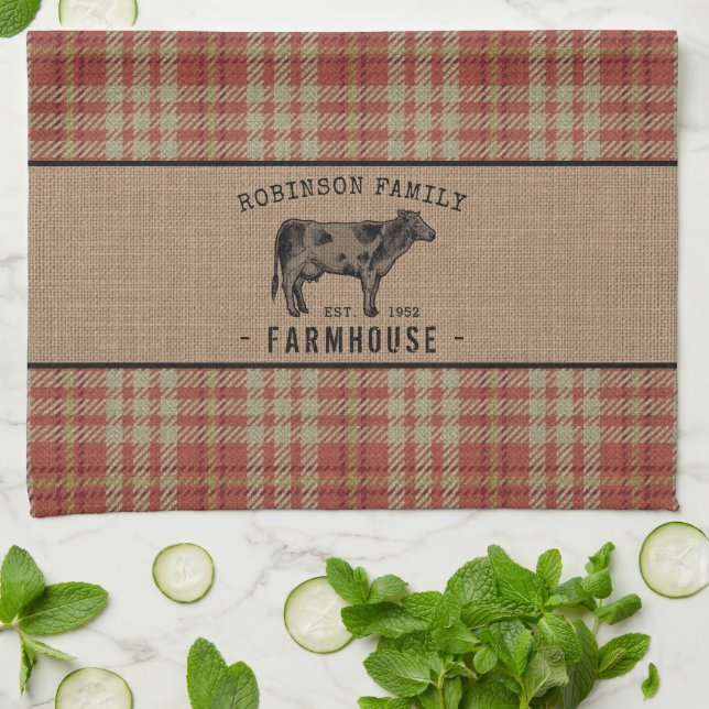Family Farmhouse Rustic Cow Red Plaid Burlap Tea Towel (Folded)