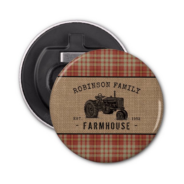 Family Farmhouse Rustic Tractor Red Plaid Burlap Bottle Opener (Front)