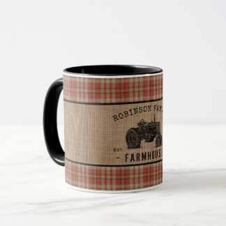 Family Farmhouse Tractor Red Plaid Burlap 2 Tone Mug