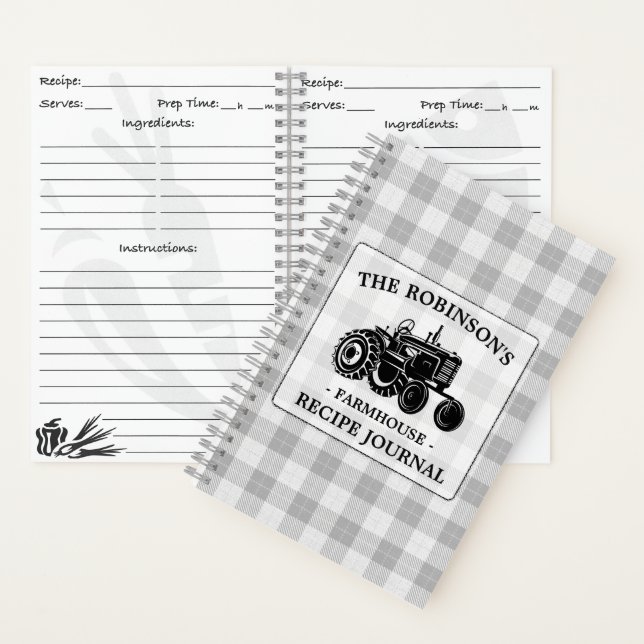 Family Farmhouse Tractor White Plaid Recipe Notebook (Inside)