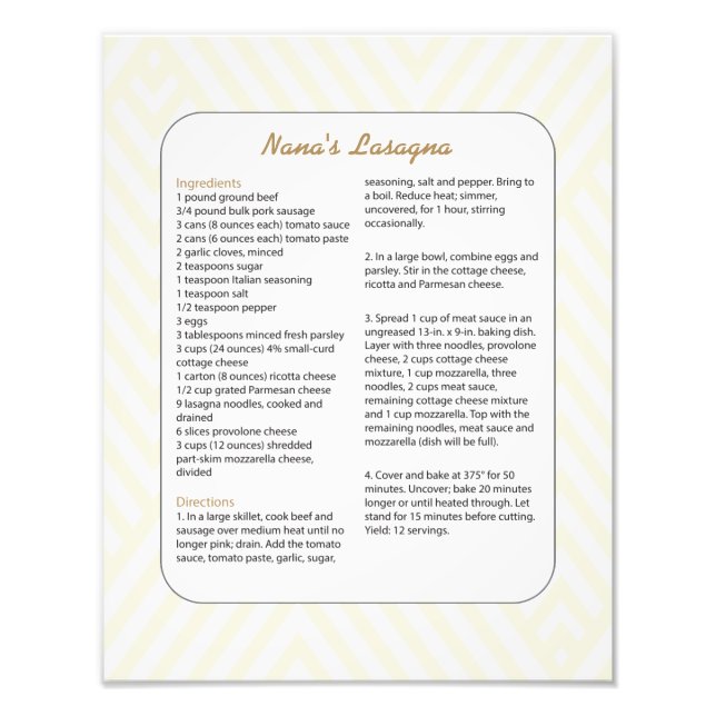 Family Favourite Recipe Chevron - Lasagne Photo Print (Front)