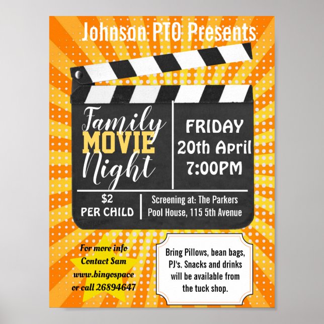 Family film night, movie night party PTA event PTO Poster (Front)