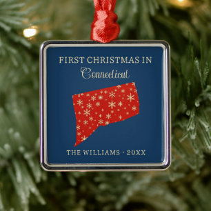 Family First Christmas In Connecticut USA State Metal Tree Decoration