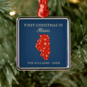Family First Christmas In Illinois USA State Metal Tree Decoration