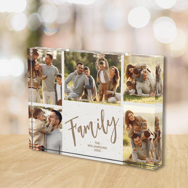 Family Five Photos Collage Photo Block (Personalized acrylic photo block  5" x 7" and 1" thick, stands without support on flat surface.)