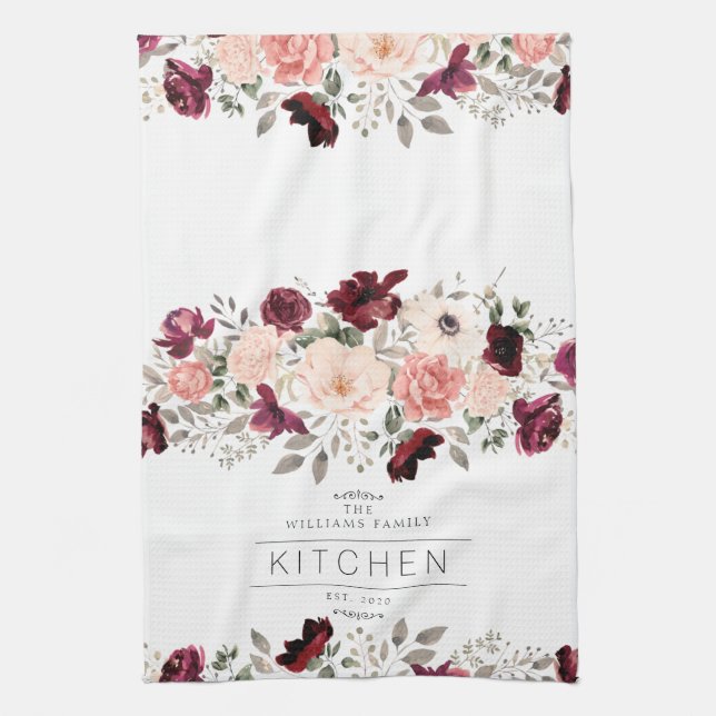 Family Floral Burgundy Tea Towel (Vertical)