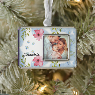 Family Flowers Watercolor Photo Personalise Silver Plated Framed Ornament