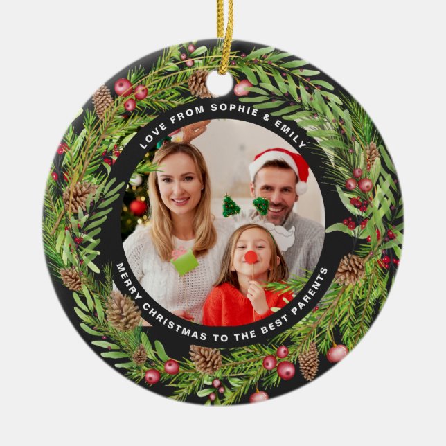 Family foliage wreath photo Christmas black  Ceramic Tree Decoration (Front)