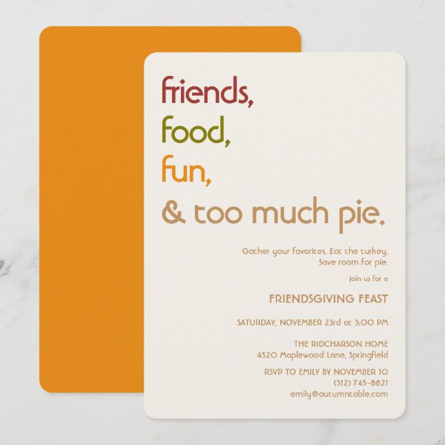 Family, Friends, Turkey, Pie Modern friendsgiving Invitation (Front/Back)
