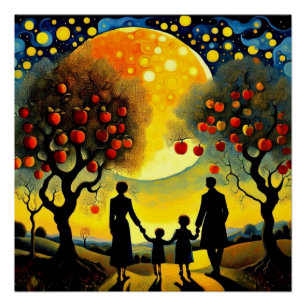 Family gazing at the night sky poster