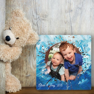 Family Gift Idea Blue Paint Splatter Custom Photo  Plaque