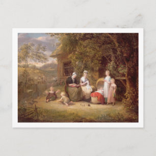 Family Group before a Thatched Cottage (oil on can Postcard